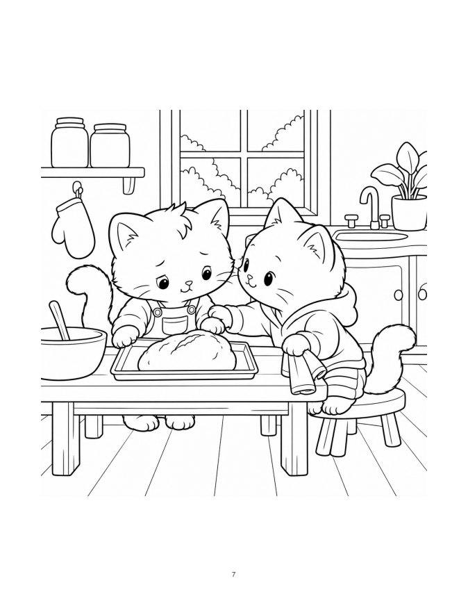 Rowan offers a reassuring paw on Juniper's shoulder beside a baking tray in the kitchen.