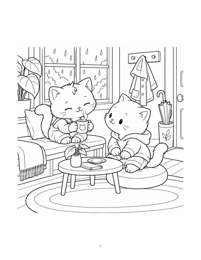 Juniper holds a warm mug while Rowan sits close by, watching attentively on a rainy day.