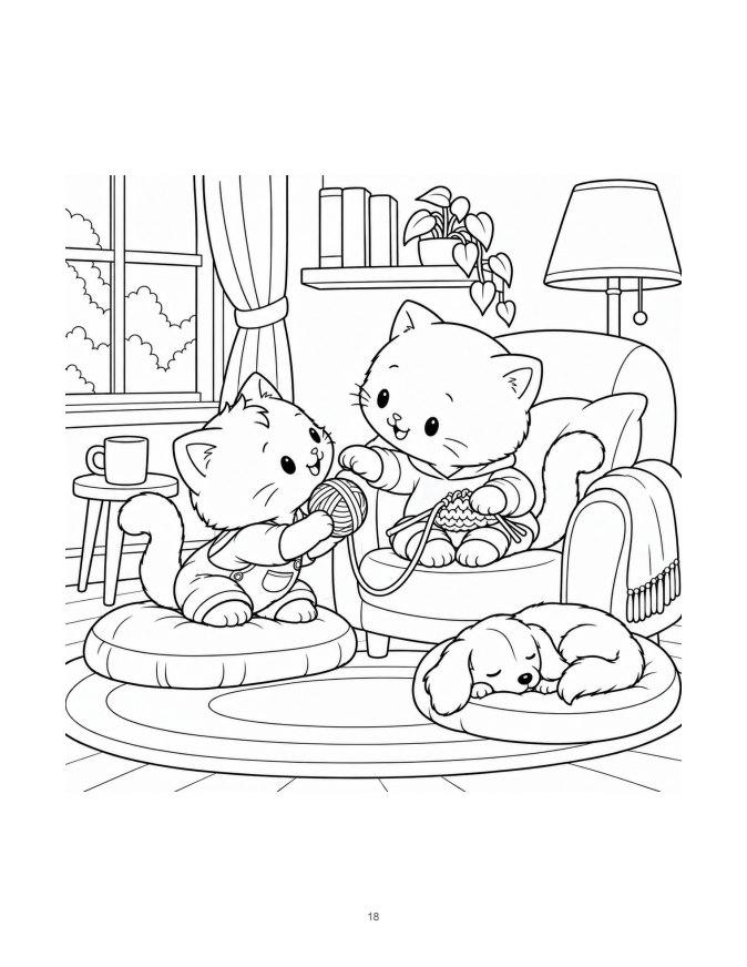 Juniper and Rowan share a ball of yarn beside a sleeping dog, the same scene shown on the color cover.