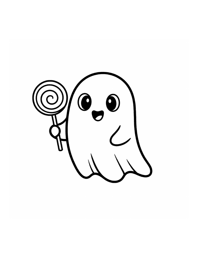 Free printable friendly ghost holding a lollipop coloring page