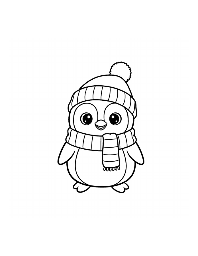 Free printable penguin in a scarf winter coloring page for kids