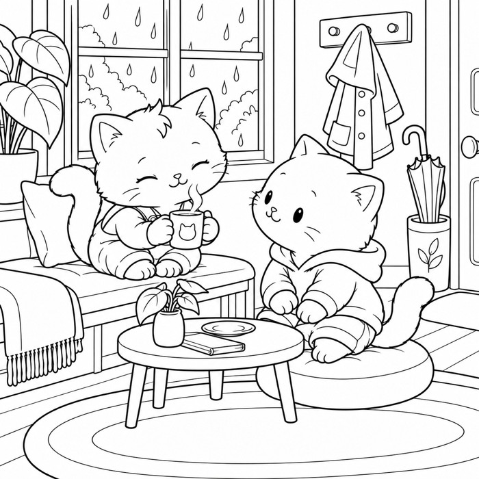 Juniper enjoys a warm drink while Rowan sits close by on a rainy day.