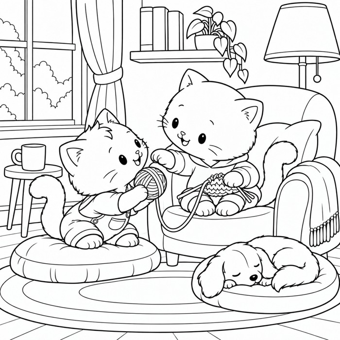 Juniper offers a ball of yarn to Rowan beside a sleeping dog.